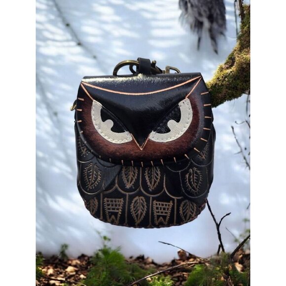New Brown Genuine Leather Handmade Owl Bird Coin Purse Wristlet Key Case - Picture 1 of 4